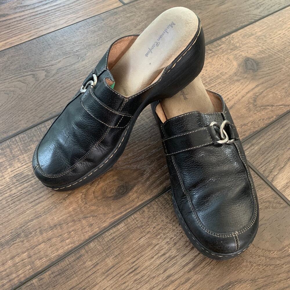 Madison Comfort Casual Black Leather Y2K Mules Clogs With Buckle Womens Size 8M
